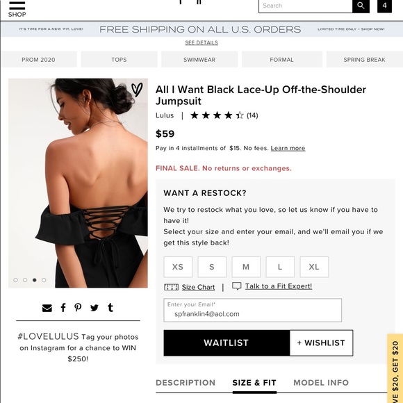 NWT Lulu’s black lace up off-the-shoulder jumpsuit - Picture 4 of 5